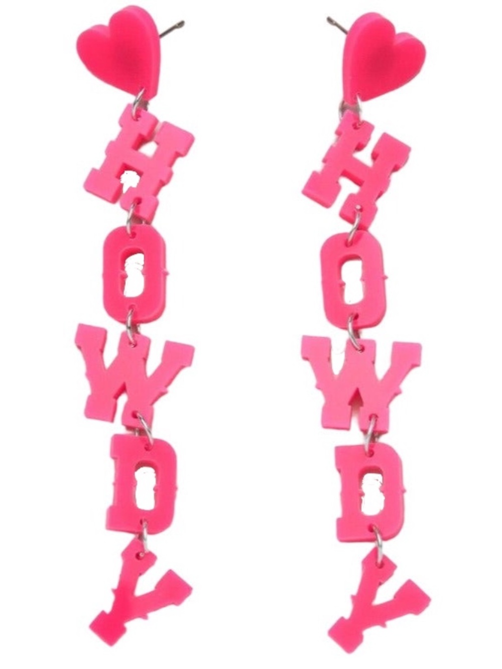 Disco Cowgirl Chic Hot Pink Heart HOWDY Dangling Acrylic Earrings Dolly Parton